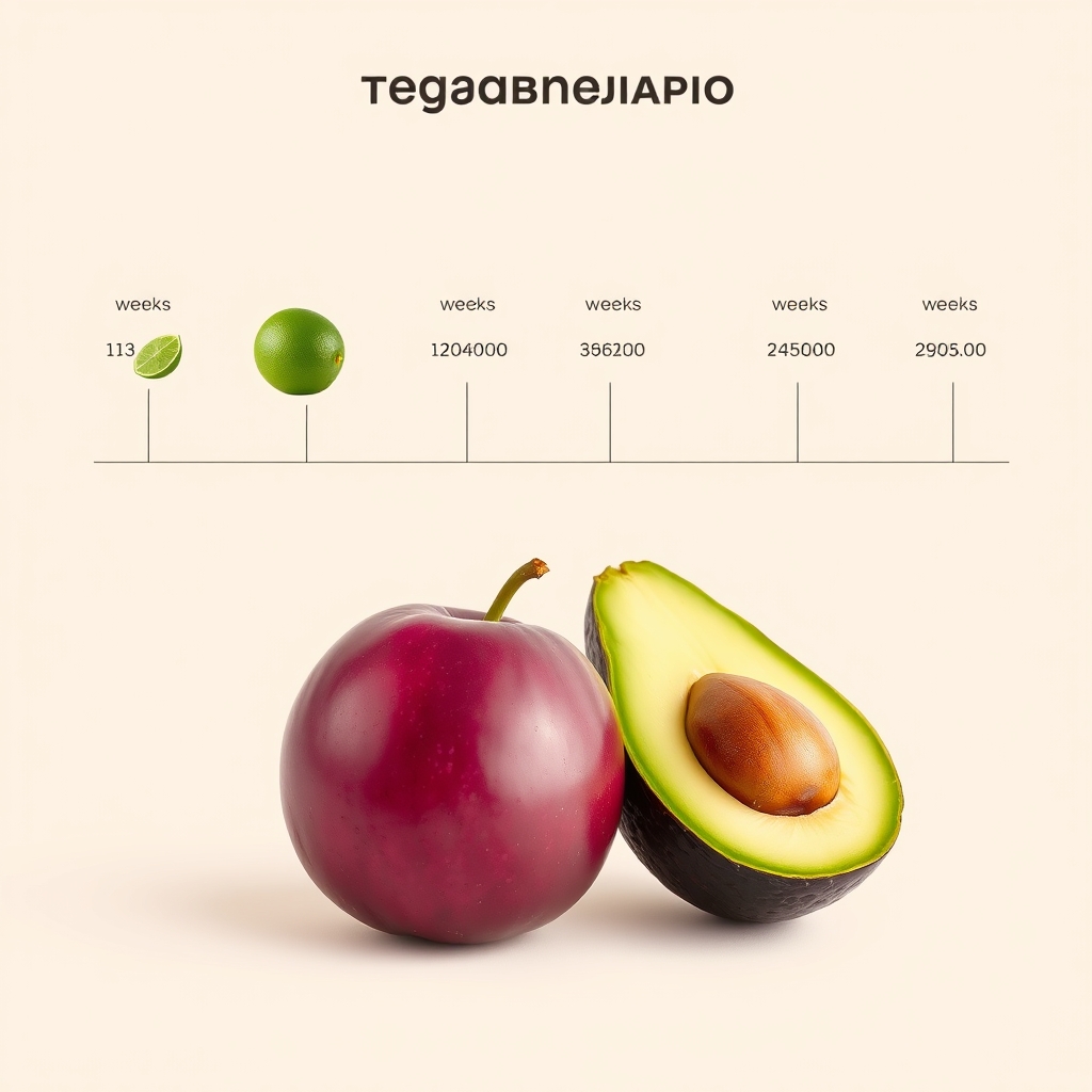 Illustrated timeline of pregnancy weeks showing fetal size comparison to everyday objects, soft pastel colors, clean layout, educational infographic style