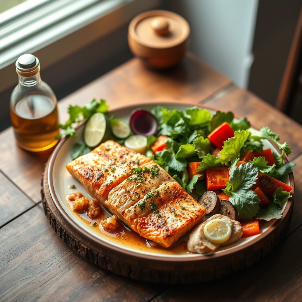 A vibrant, balanced meal with leafy greens, lean protein like salmon, and colorful vegetables on a wooden table, next to a glass of water, bright natural light