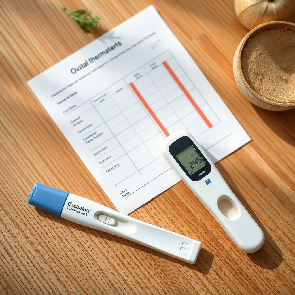 A set of ovulation predictor kits laid out on a wooden countertop, next to a digital basal thermometer and a notebook, bright morning light