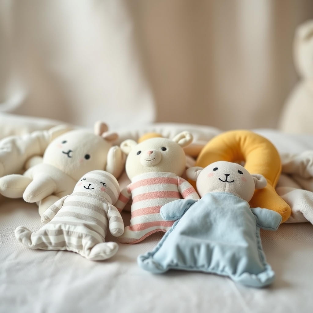 A selection of small, simple, and flat comfort objects and loveys suitable for toddlers over 12 months