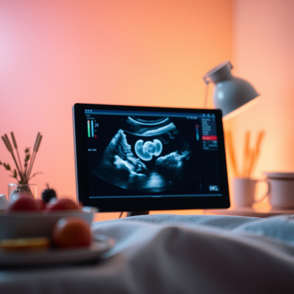 First‑trimester ultrasound screen showing a tiny embryo with measurement markers, soft pastel background, clinical yet warm lighting