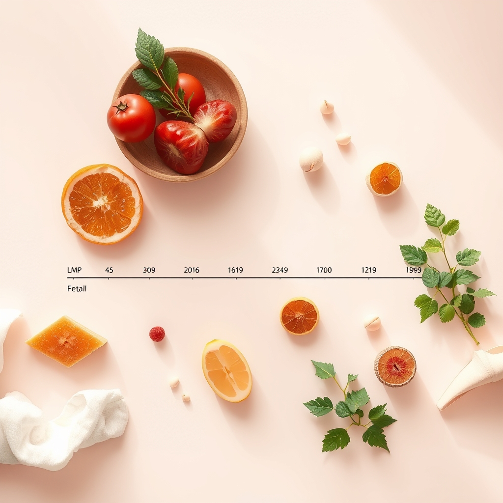 Illustration of a pregnancy timeline showing the two‑week gap between gestational age (LMP start) and fetal age (conception), soft pastel colors, gentle lighting