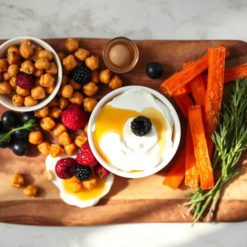 A colorful platter of roasted chickpeas, Greek yogurt with honey, and fermented carrots, illustrating healthy cravings swaps