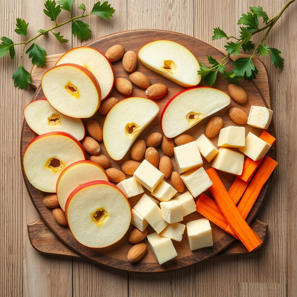 A colorful assortment of healthy snacks for pregnancy cravings: sliced apple, almonds, cheese cubes, and carrot sticks on a wooden board