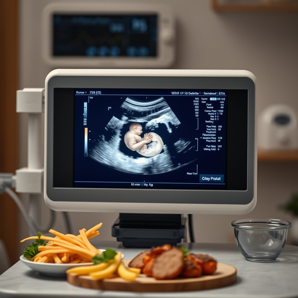 Maternity ultrasound image showing a tiny fetus in the uterus, displayed on a monitor in a calm clinic setting, soft lighting, professional equipment, photorealistic, high detail