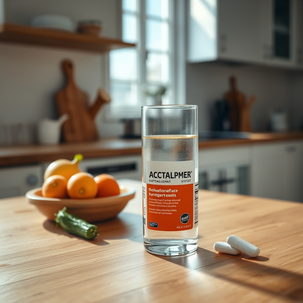A small glass of water beside a bottle of acetaminophen tablets on a wooden countertop, bright morning light, clean kitchen setting
