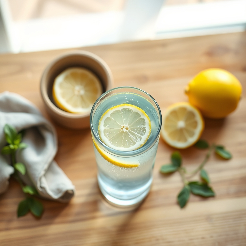 Close‑up of a glass of water and a slice of lemon on a wooden kitchen counter, bright natural light, inviting breakfast scene