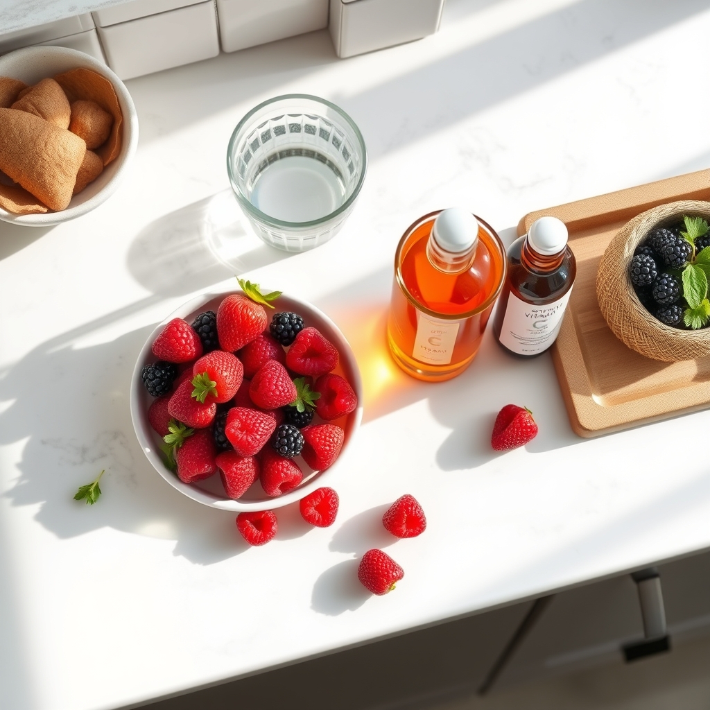 A sunny kitchen window with a glass of water, a bowl of fresh berries, and a bottle of vitamin C serum on a wooden countertop, bright natural light