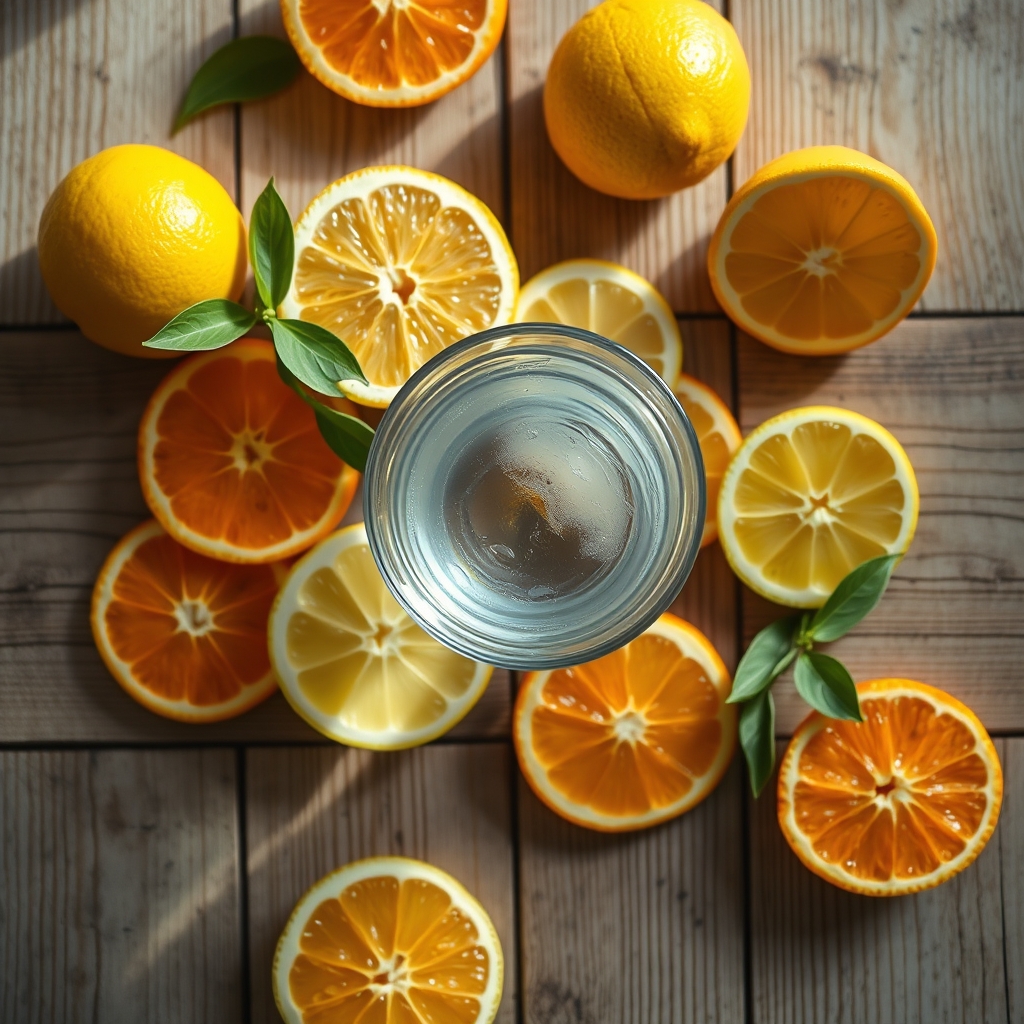 Fresh citrus fruits and a glass of water on a wooden board, bright morning light, representing vitamin C rich foods for skin health
