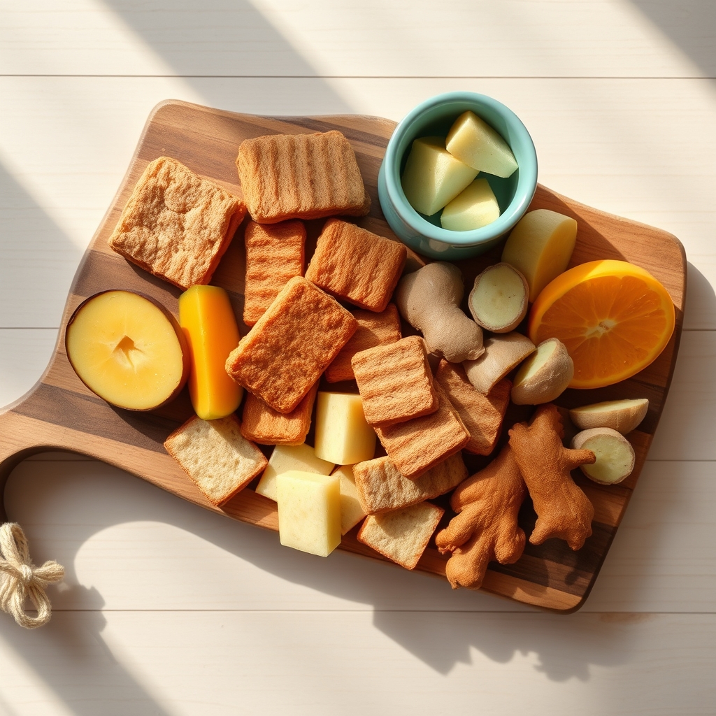 Colorful assortment of nausea‑friendly snacks on a wooden board: crackers, sliced apple, ginger candy, and a cup of peppermint tea, bright natural light