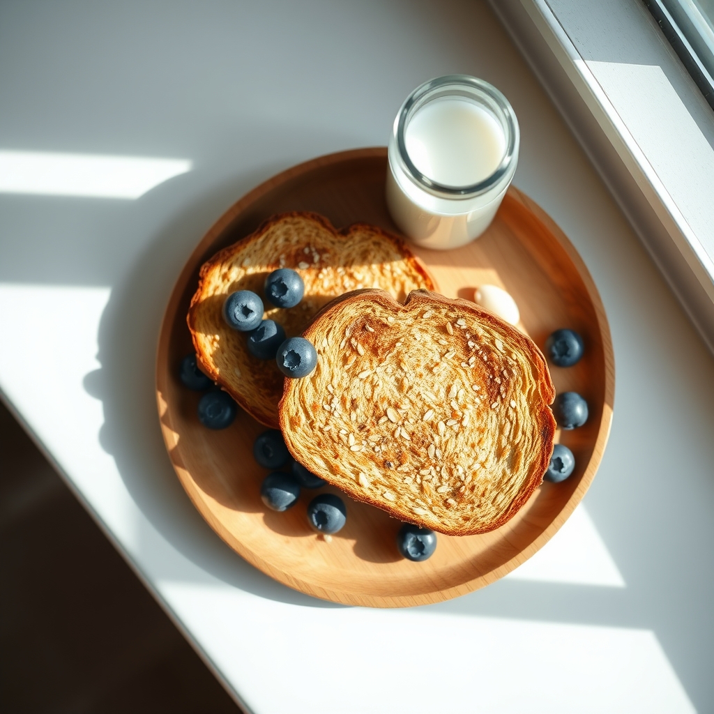 A close‑up of a bowl of fresh blueberries, a glass of almond milk, and a slice of whole‑grain toast on a wooden plate, soft natural light, inviting breakfast scene