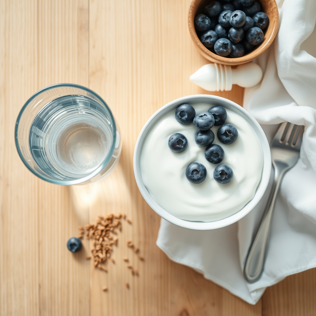 A glass of water beside a bowl of fresh yogurt, blueberries, and a sprinkle of flaxseeds on a wooden table, bright morning light