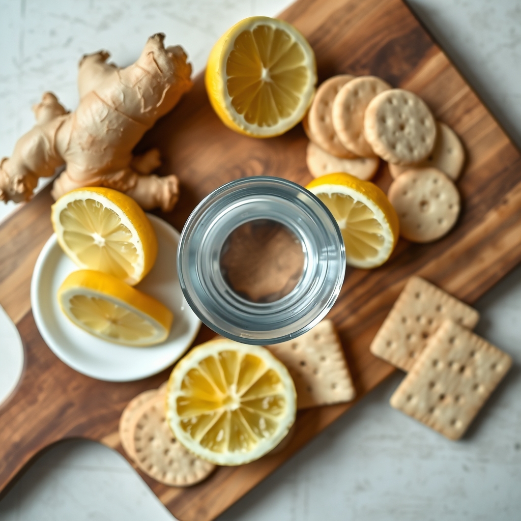 Bright wooden board with ginger root, lemon wedges, crackers, and a glass of water, arranged for a soothing pregnancy snack