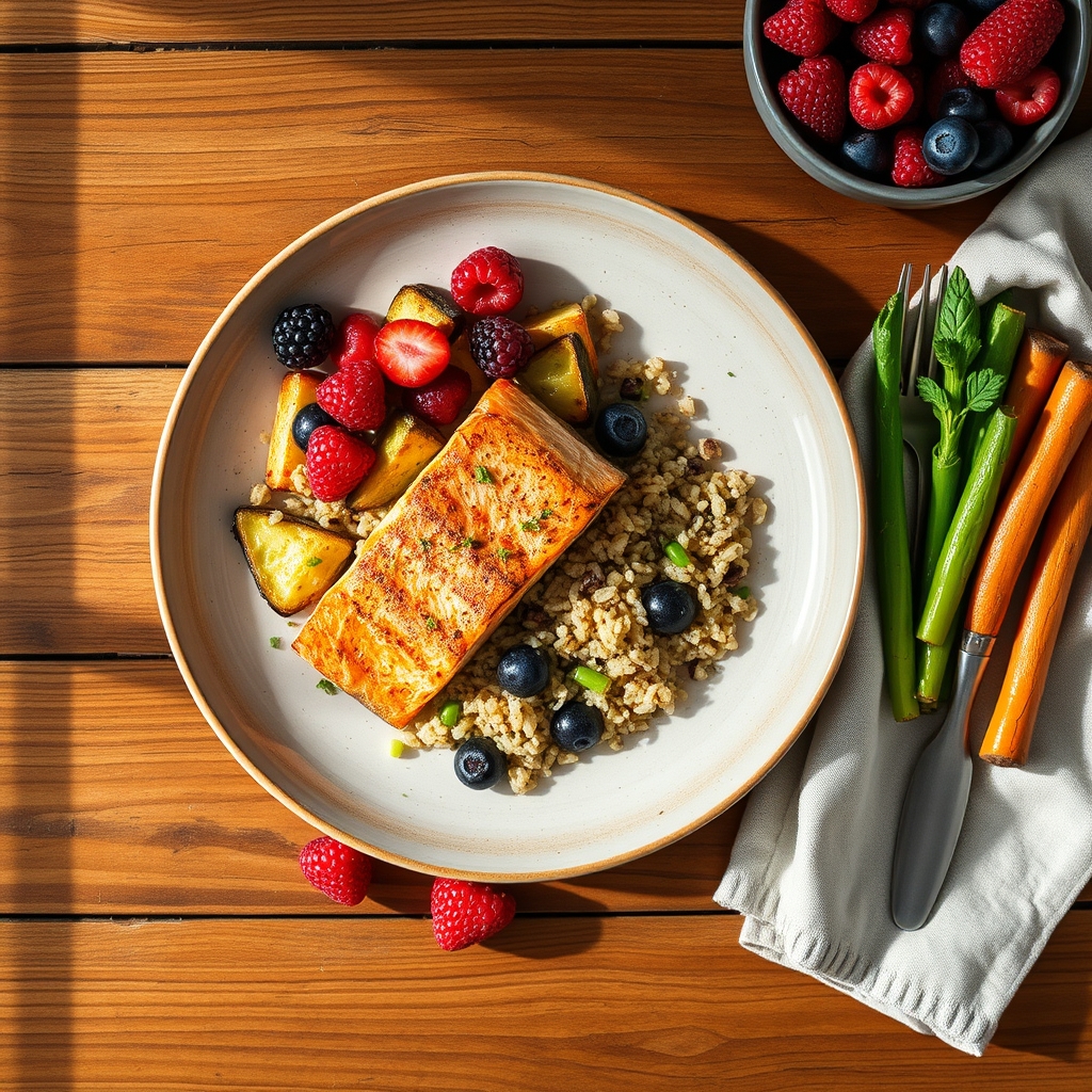 Colorful plate with grilled salmon, quinoa, roasted vegetables, and a side of mixed berries, bright natural light, wooden table
