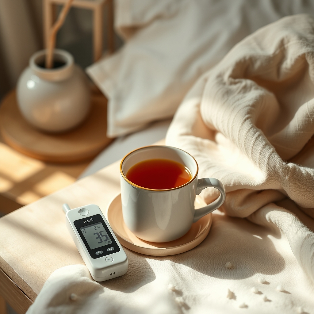 A warm cup of herbal tea and a thermometer on a bedside table, suggesting comfort and monitoring during recovery