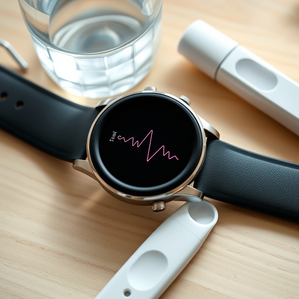 Close‑up of a smartwatch displaying a heart‑rate graph, placed on a wooden table beside a glass of water and a pregnancy test