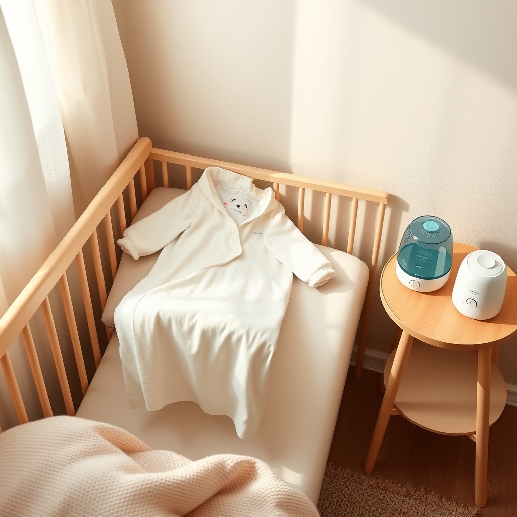 A cozy nursery corner with a soft cotton sleep sack, a gentle humidifier, and a small digital thermometer on a wooden nightstand