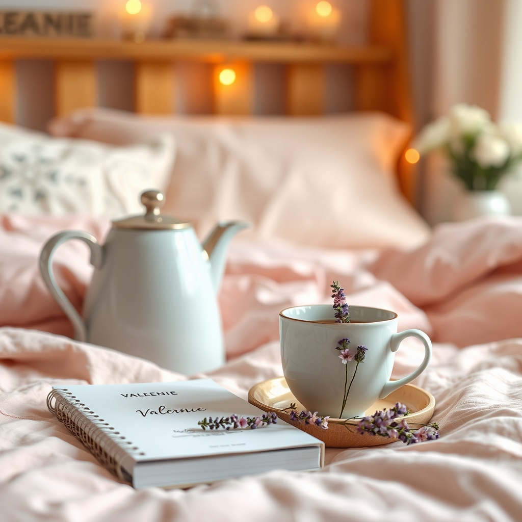 A calming bedroom scene with pastel colors, a small tea kettle, a cup of valerian root tea on the nightstand, and a pregnancy journal, illustrating a natural sleep aid alternative to Unisom