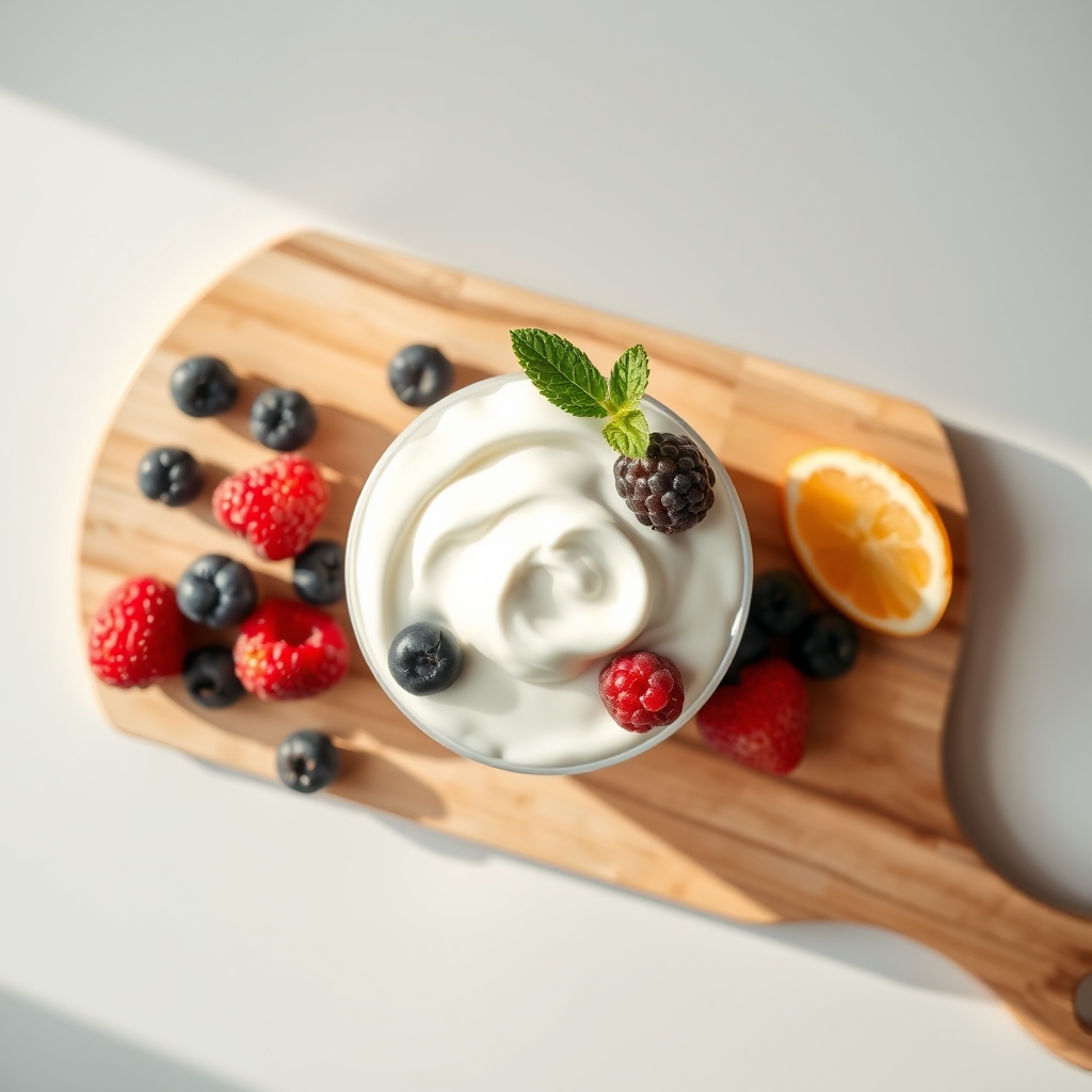 A small bowl of probiotic yogurt topped with fresh berries on a wooden table, bright natural light, representing a home remedy for vaginal health during pregnancy