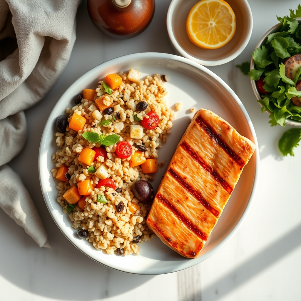 Colorful plate of balanced pregnancy meals: quinoa, roasted vegetables, grilled salmon, and a side salad, bright natural light