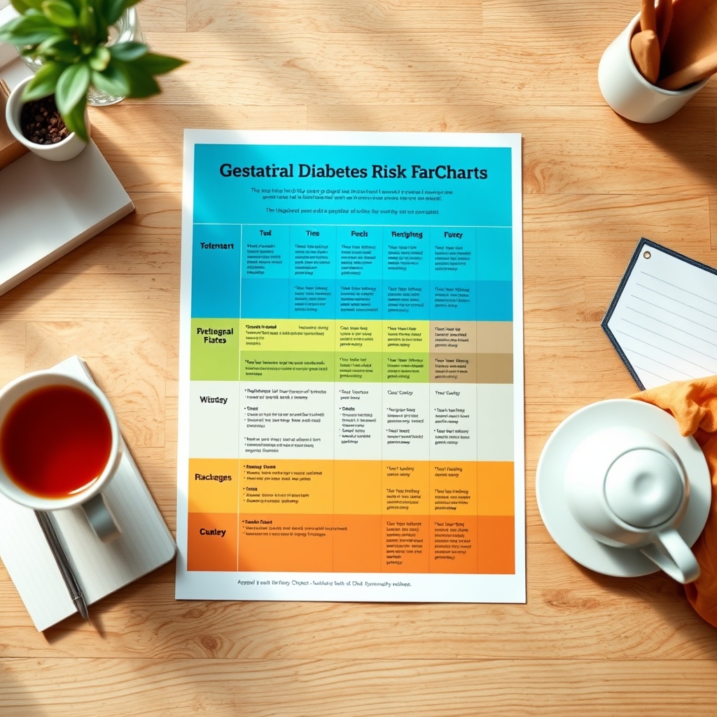 Colorful chart of gestational diabetes risk factors, laid out on a wooden desk with a cup of tea and a notepad