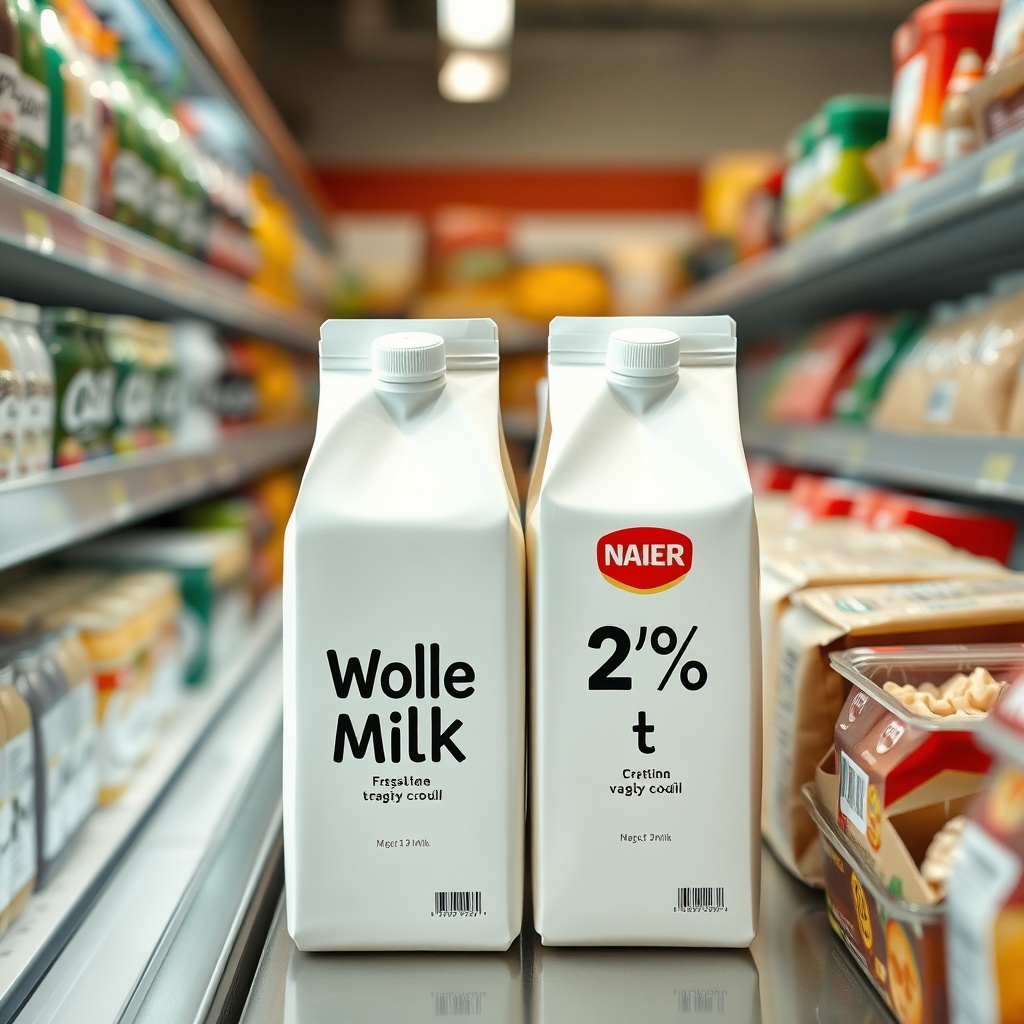 Whole milk and 2% milk cartons on a grocery shelf