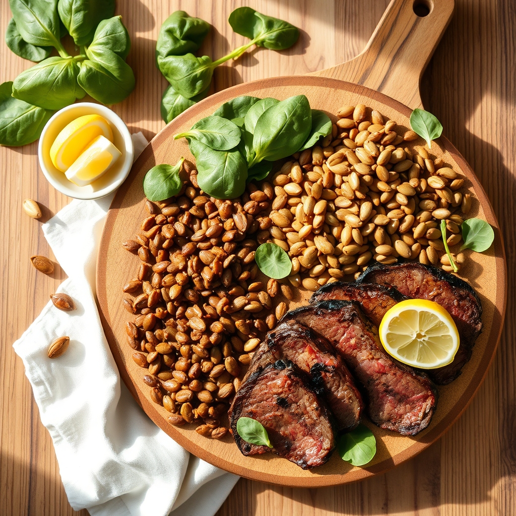 Iron-rich foods arranged on a wooden board: spinach, lentils, lean beef, and pumpkin seeds