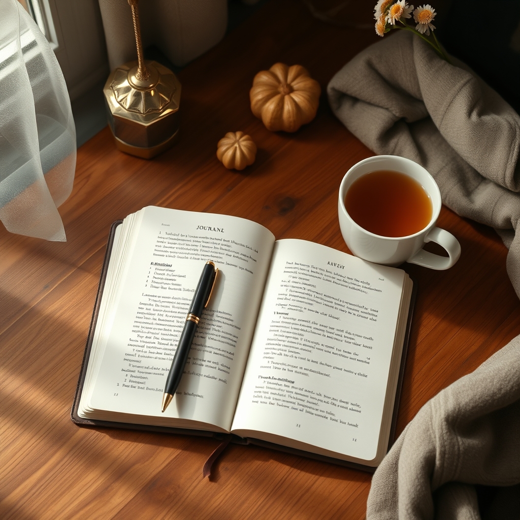 Open notebook with a dream journal entry, a pen, and a cup of chamomile tea on a wooden desk, soft natural light