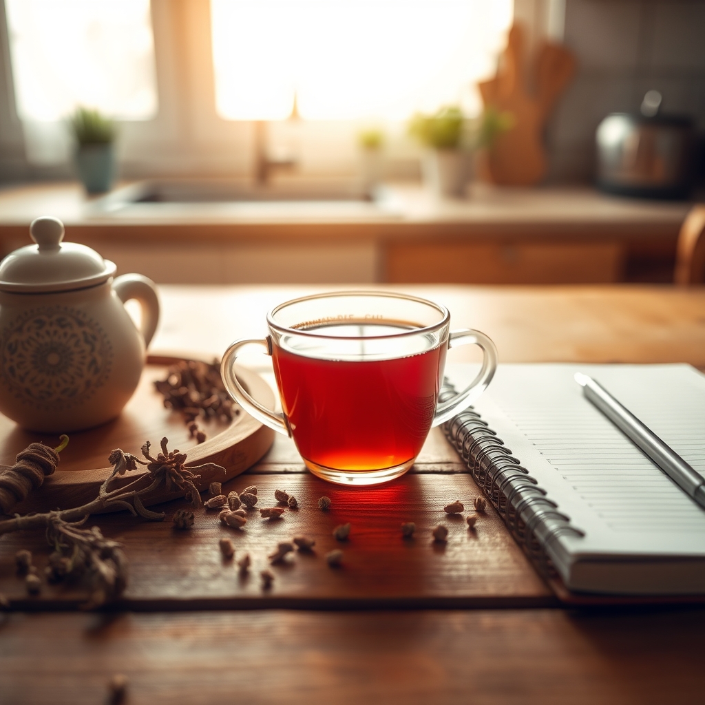 A steaming cup of herbal tea beside a notebook listing daily caffeine intake, soft morning light on a wooden table