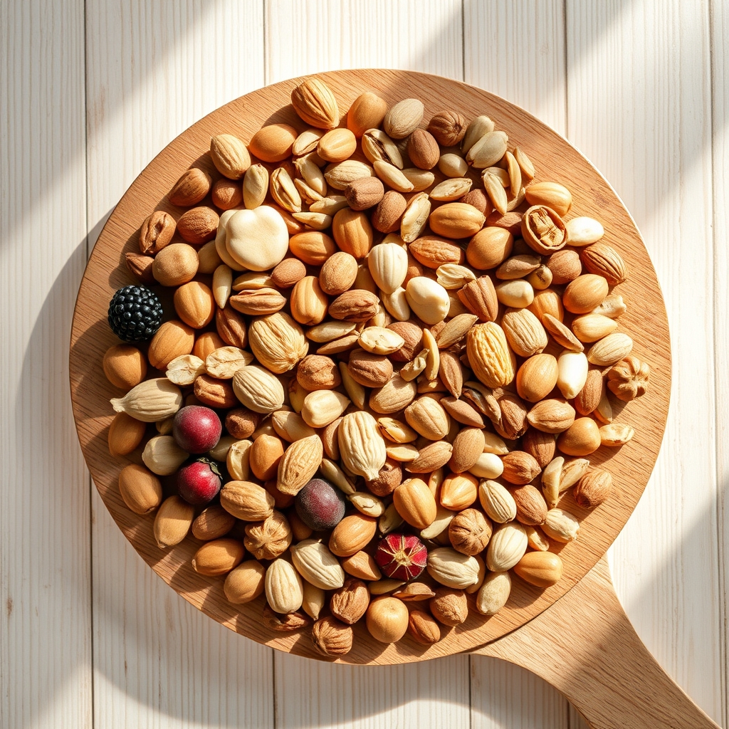 Close‑up of a bowl of mixed nuts, seeds, and fresh berries on a wooden surface, bright natural light highlighting textures