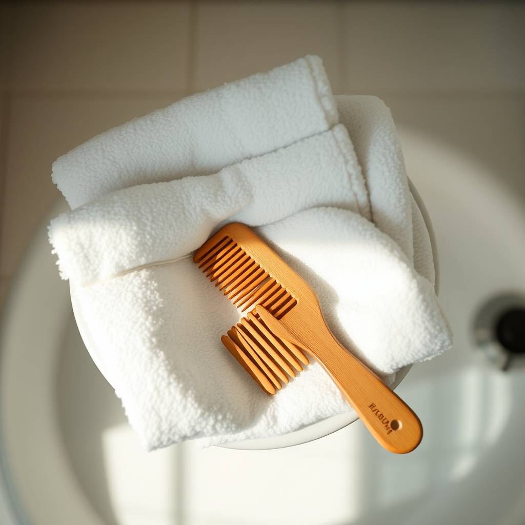 A serene bathroom scene with a gentle shampoo bottle, a soft cotton towel, and a wooden comb, illustrating a calming postpartum hair‑care routine