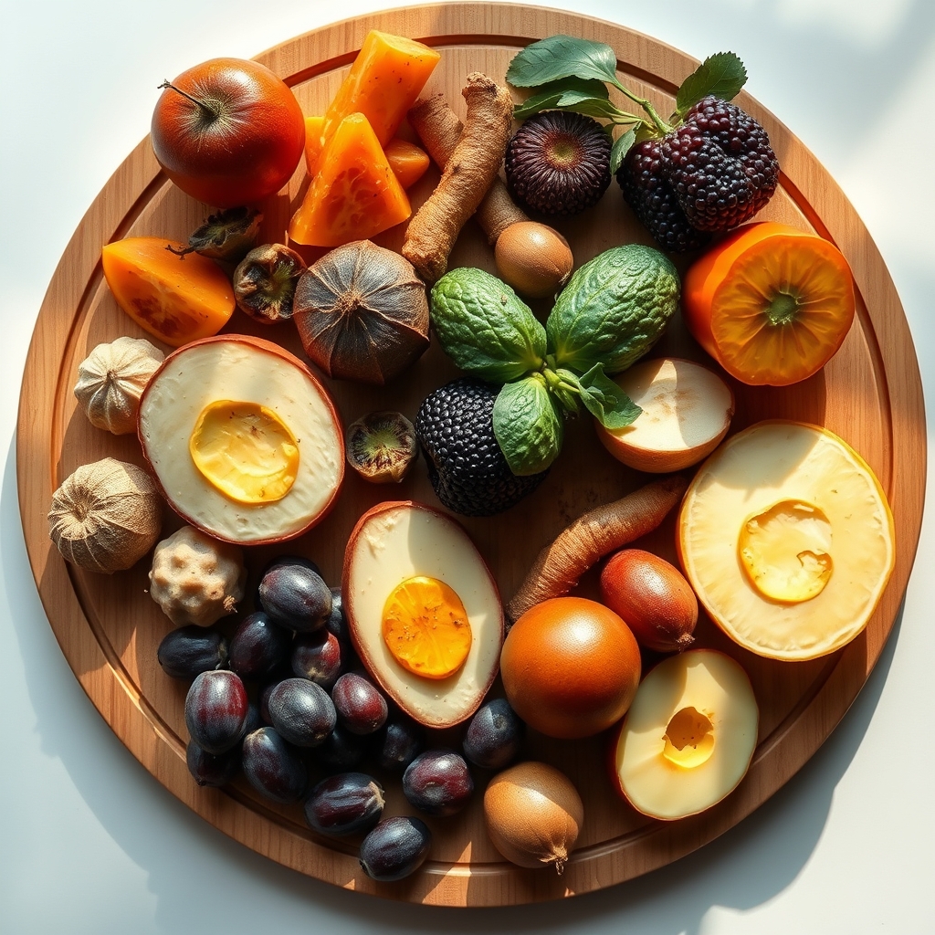 A colorful wooden board displaying iron‑rich foods for postpartum mothers: spinach, lentils, red meat, pumpkin seeds, and a glass of orange juice