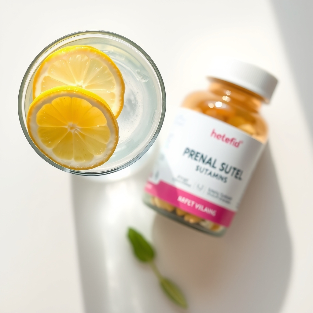 A full glass of water with lemon slices next to a prenatal vitamin bottle on a light surface, promoting healthy hydration in pregnancy