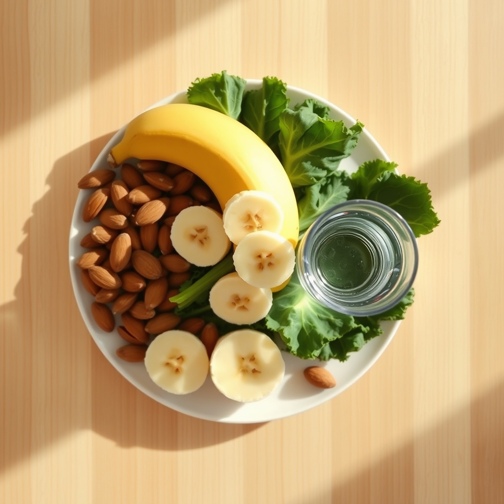 A colorful wooden board displaying sliced bananas, almonds, leafy greens, and a glass of water, bright natural light emphasizing freshness and nutrition
