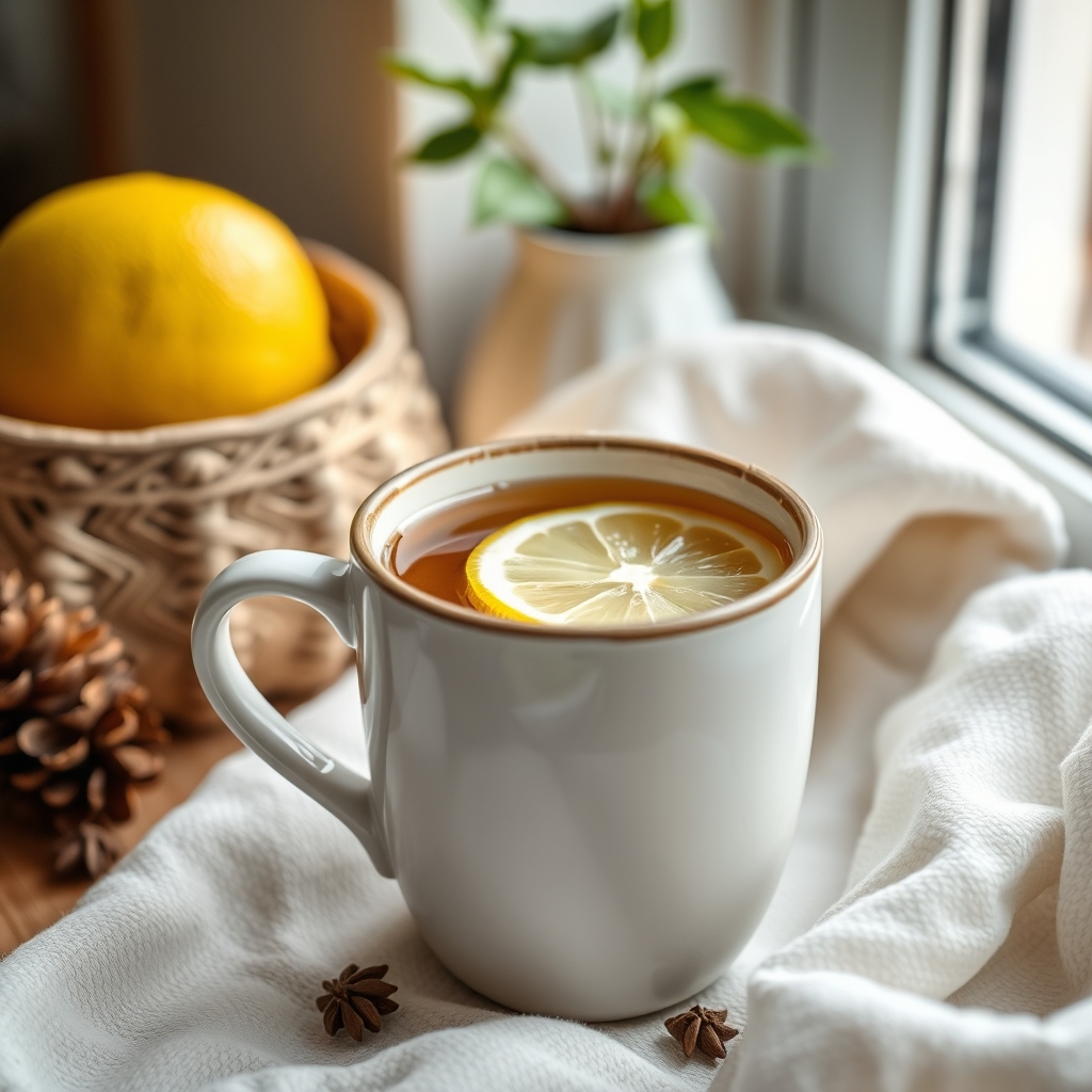 A pastel‑colored ceramic mug filled with herbal tea, a lemon slice perched on the rim, set on a linen napkin beside a closed laptop