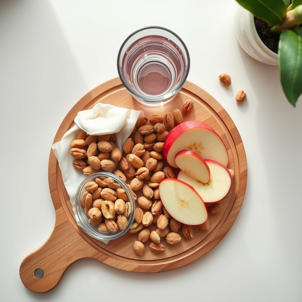 A bright kitchen counter displaying a bowl of mixed nuts, a sliced apple, and a glass of water, arranged for a quick snack during a busy workday
