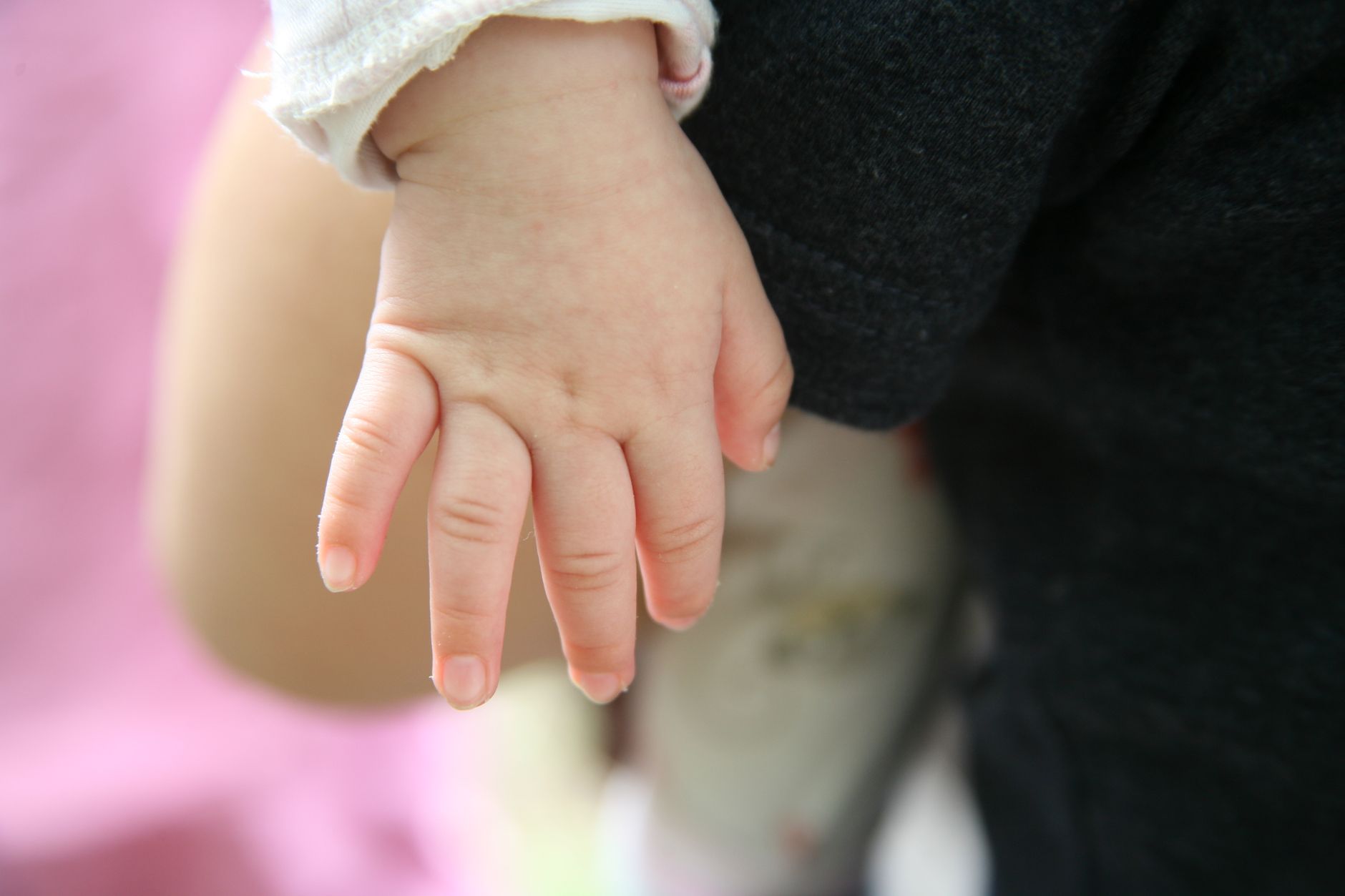 Close‑up of a baby’s hand grasping a soft toy, weekly growth chart printed beside the hand, bright natural light