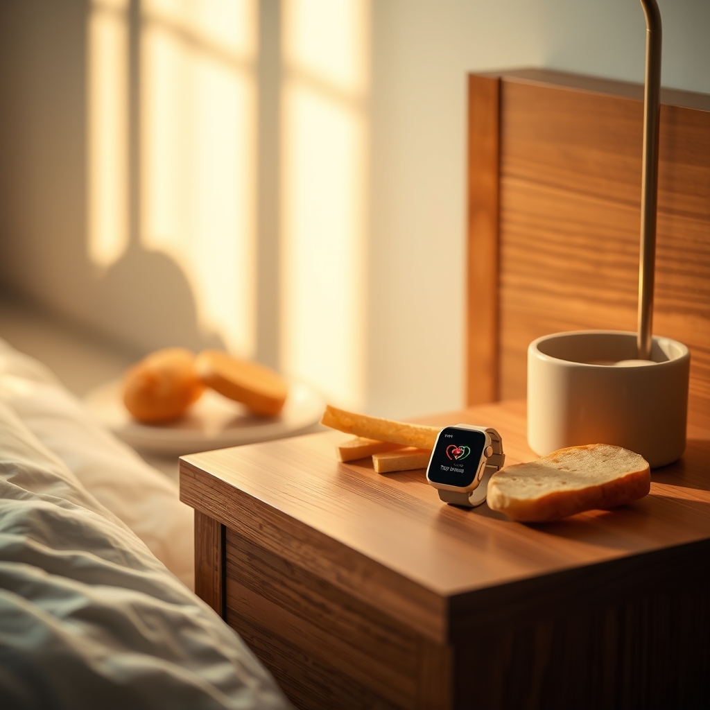 Close‑up of a smartwatch displaying a heart‑rate reading, soft morning light on a bedside table, indicating personal monitoring during pregnancy