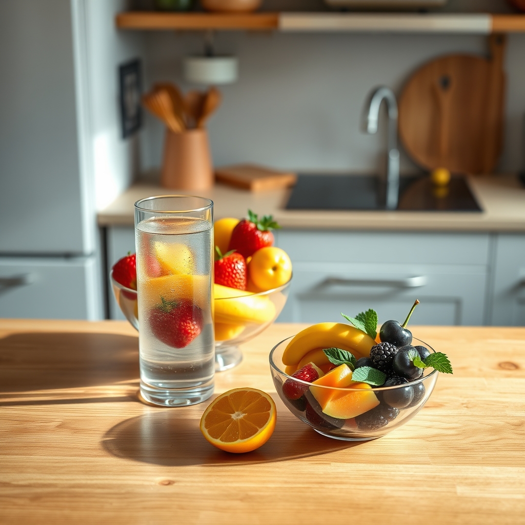 A clear glass of water beside a fresh fruit bowl on a wooden kitchen counter, bright natural light, calm morning vibe