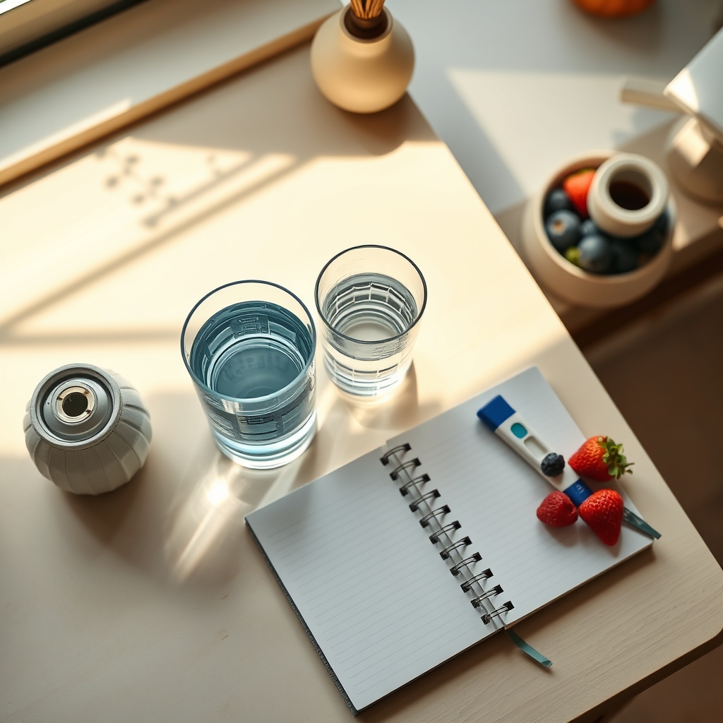 A sunny kitchen countertop with a glass of water, a small bowl of fresh berries, and a pregnancy test kit laid out beside a notebook