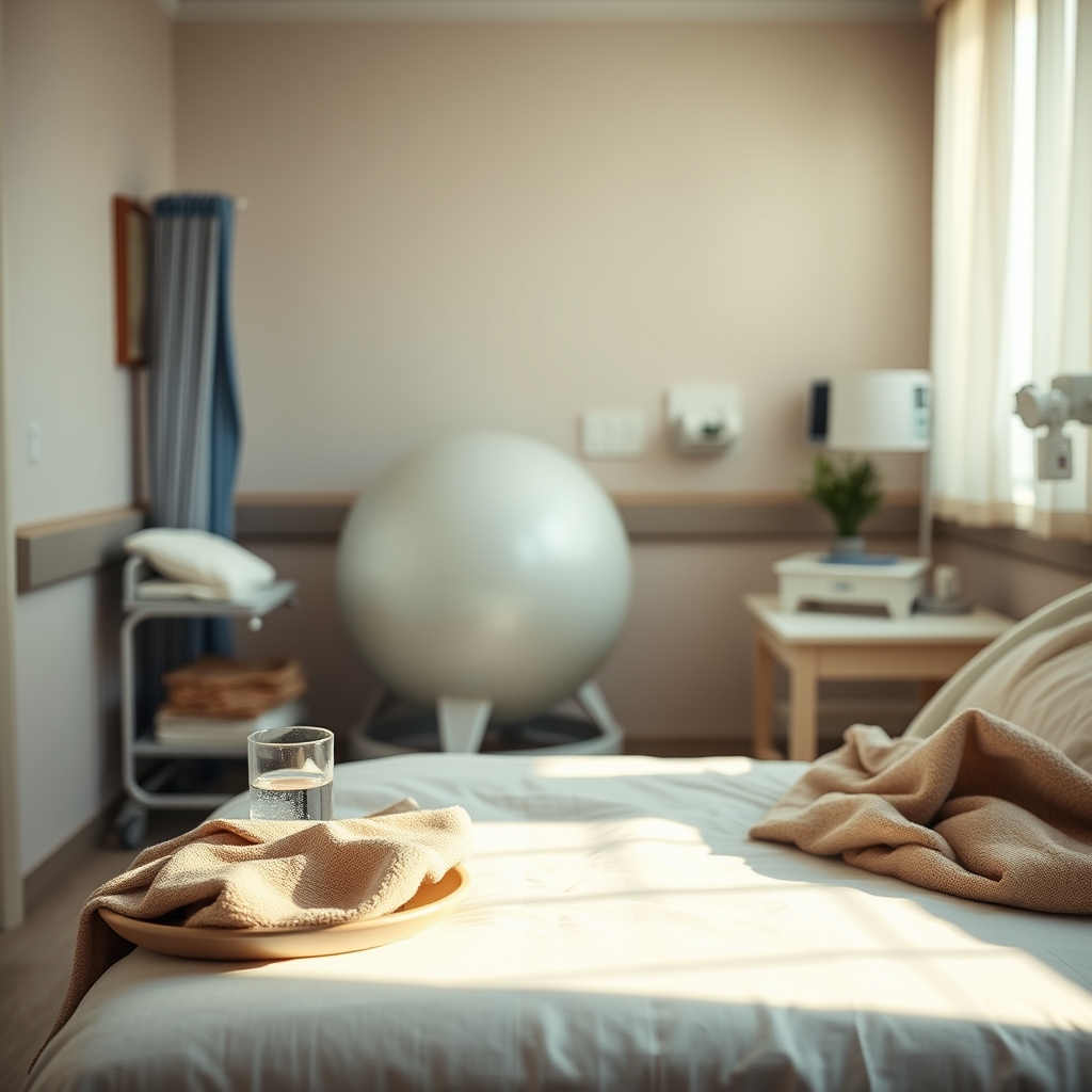 A calm hospital labor suite with a birthing ball, dimmed lights, and a bedside table with a water bottle, showcasing a peaceful environment for induction
