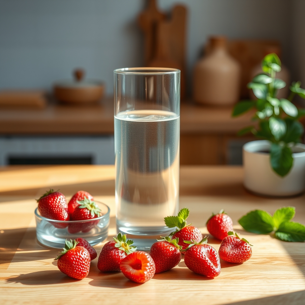 A bright kitchen counter with a glass of water, a bowl of fresh berries, and a prenatal vitamin bottle, natural morning light, soft shadows