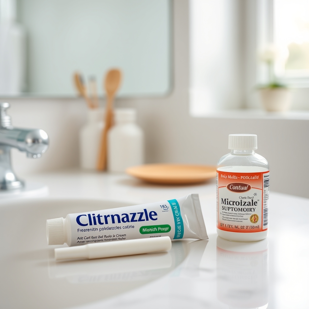 A small collection of over‑the‑counter antifungal creams and suppositories arranged on a tidy bathroom counter, soft natural light highlighting the product labels and a pregnancy ultrasound picture in the background