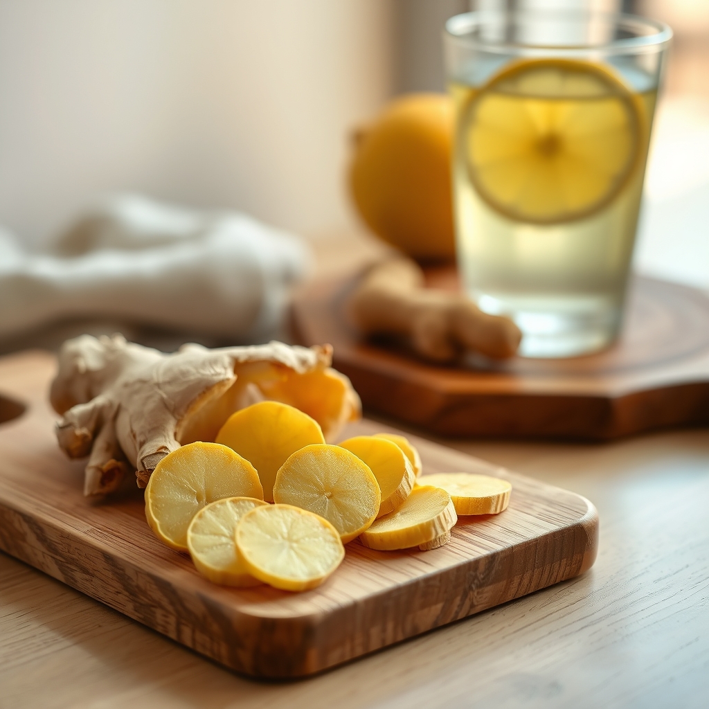 Fresh ginger root sliced on a wooden cutting board next to a glass of lemon water, bright morning light, soft focus background, photorealistic