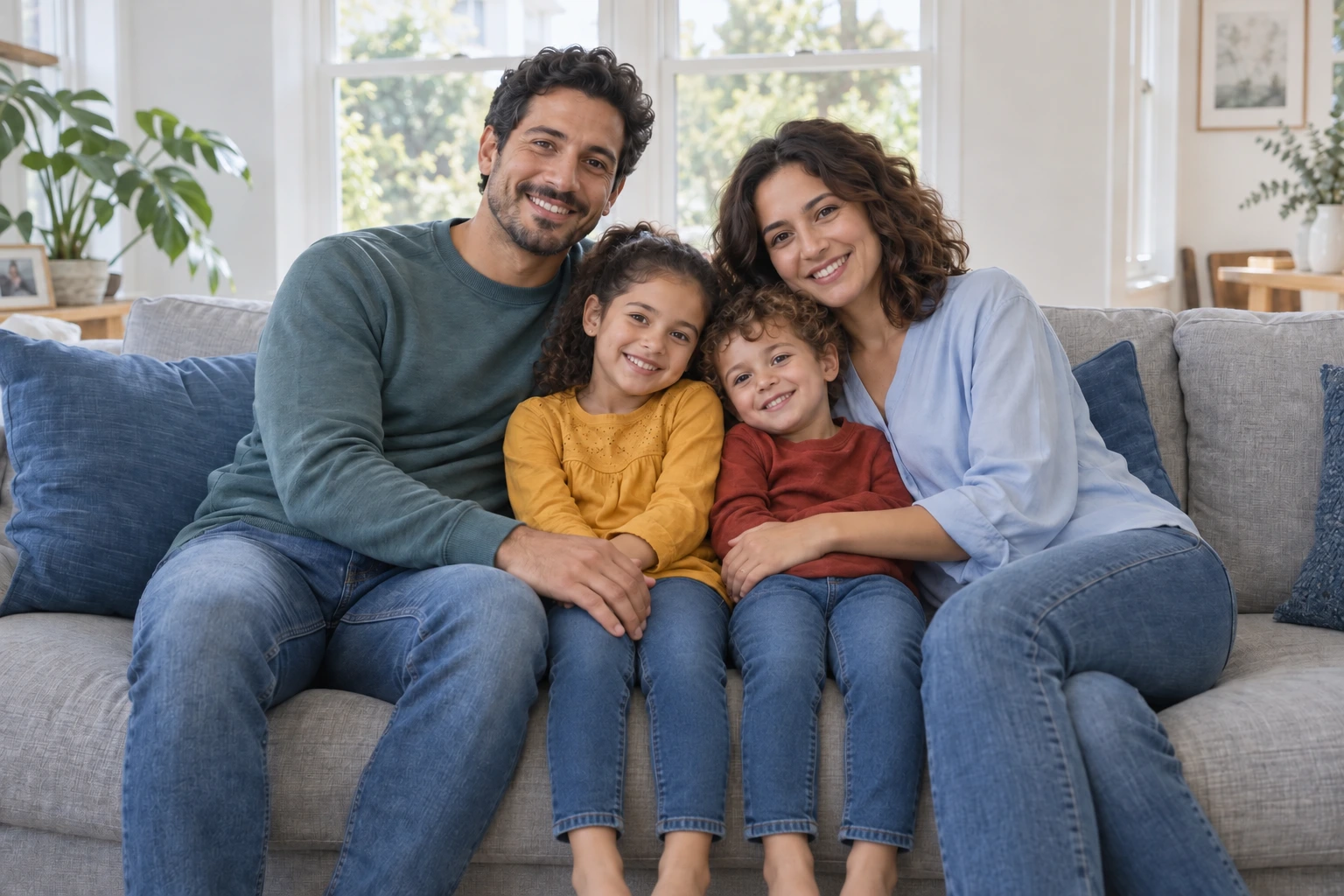 Parents cuddling their daughter and son on the sofa.