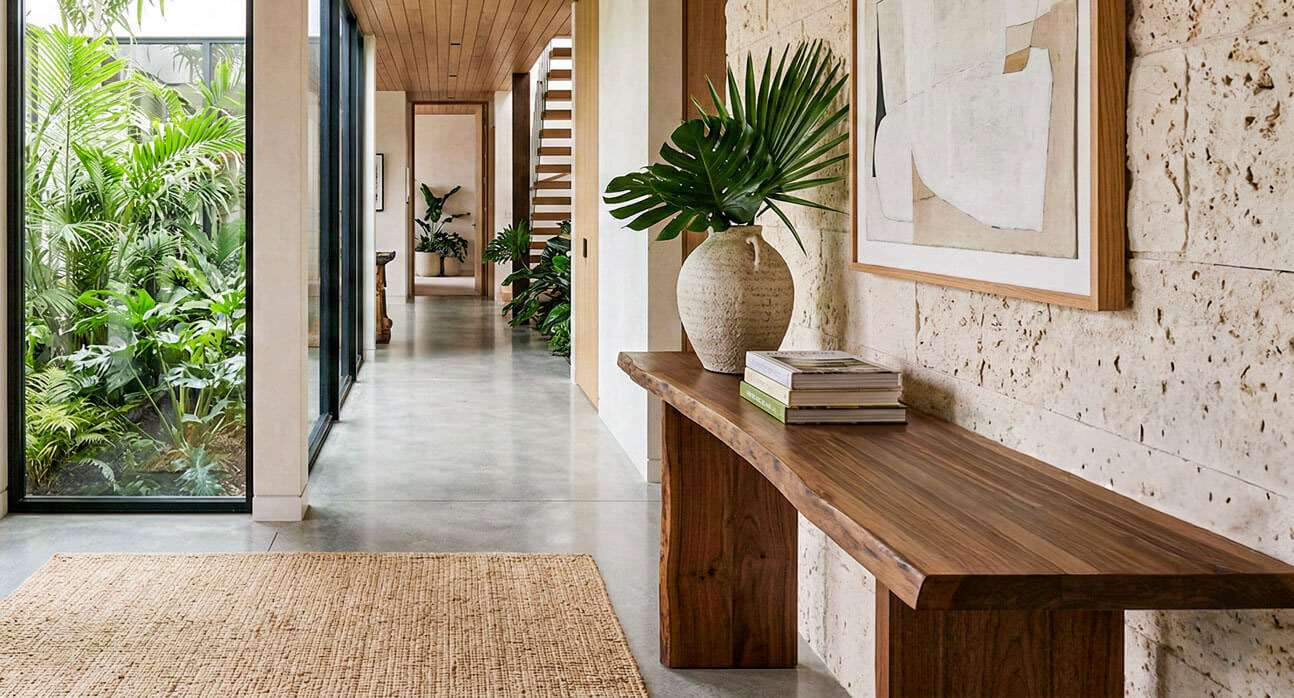 A thick-edged timber console table against a cream-coloured limestone block wall, styled with a simple ceramic vase and a framed artwork.