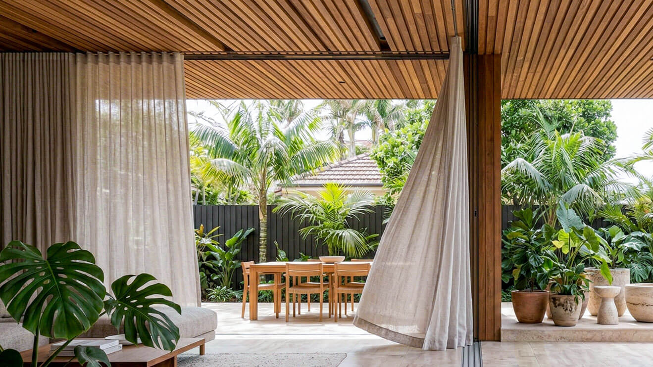 An outdoor dining patio with a timber batten ceiling and heavy-weight linen curtains catching the breeze beside a native garden.