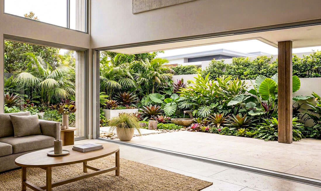 A modern living area featuring matte honed travertine floors transitioning seamlessly to a lush sub-tropical garden courtyard.