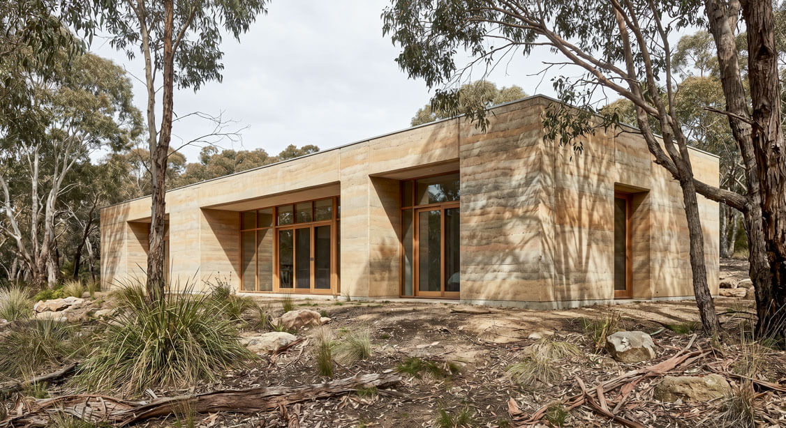A long low rammed earth home with horizontal layered earth tones, sitting quietly among eucalyptus trees in dappled bushland light.