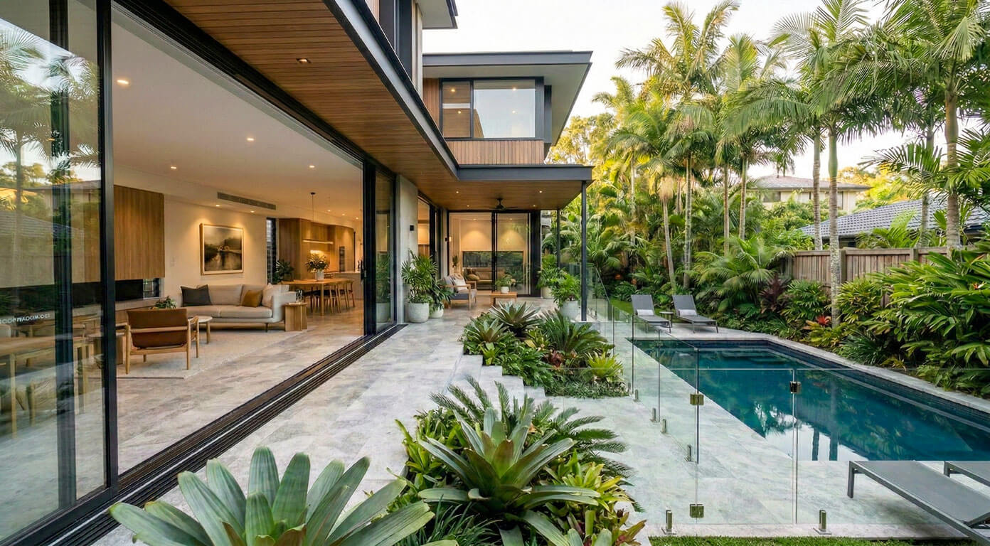 A wide-angle architectural photograph of a modern open-plan coastal home, featuring timber walls and travertine tile floors, opening through massive sliding glass doors to a large paved patio with a swimming pool and surrounded by a dense subtropical garden of palms and diverse foliage.